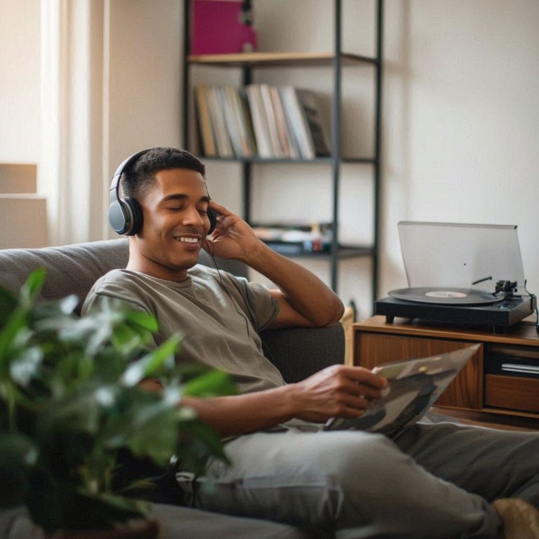 man sitting on a couching and holding a record, listening to music