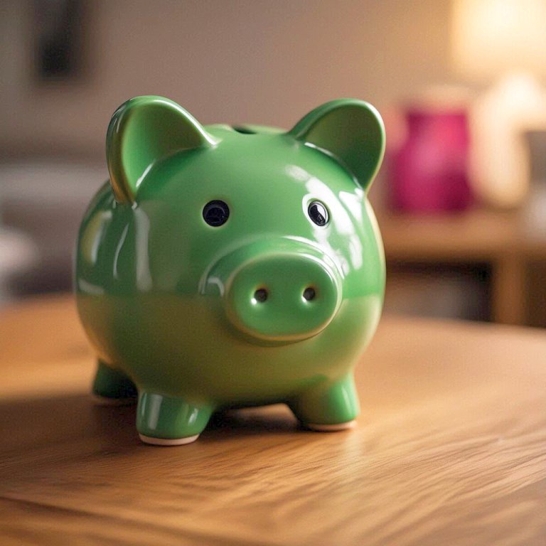 a green piggy bank on a table of a living room