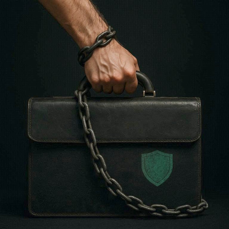 black suitcase chained to wrist