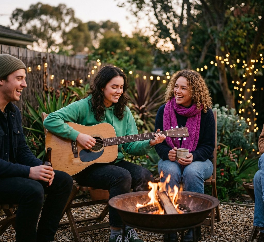 woman playing a guitar at outside fireplace sourrounded by friends