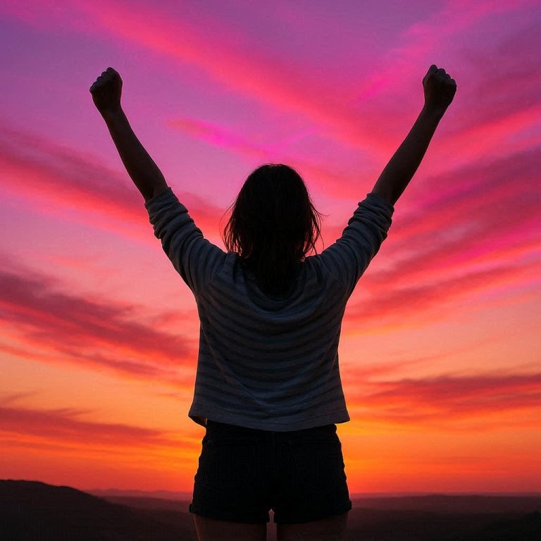 woman with raised hands in front of a magenta sunrise
